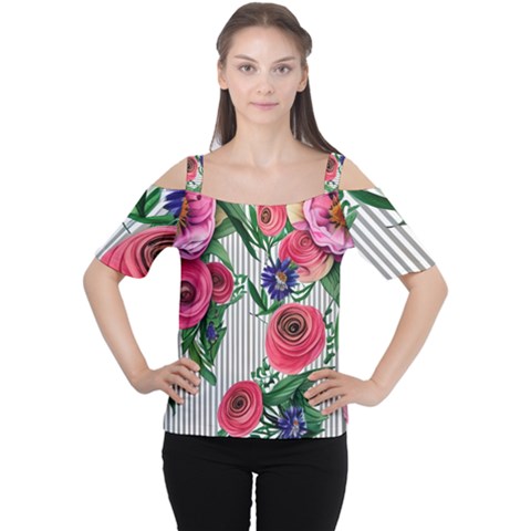 Cheerful Watercolor Flowers Cutout Shoulder Tee by GardenOfOphir