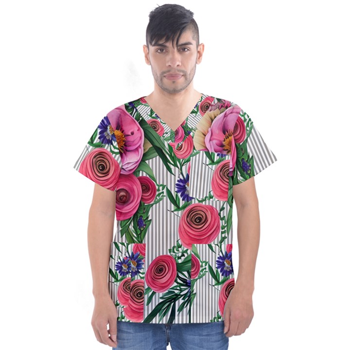 Cheerful Watercolor Flowers Men s V-Neck Scrub Top