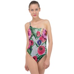 Cheerful Watercolor Flowers Classic One Shoulder Swimsuit by GardenOfOphir