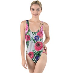 Cheerful Watercolor Flowers High Leg Strappy Swimsuit by GardenOfOphir