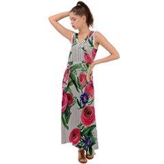 Cheerful Watercolor Flowers V-neck Chiffon Maxi Dress by GardenOfOphir