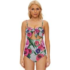 Cheerful Watercolor Flowers Knot Front One-piece Swimsuit by GardenOfOphir