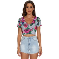 Cheerful Watercolor Flowers V-neck Crop Top by GardenOfOphir