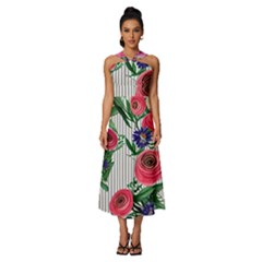 Cheerful Watercolor Flowers Sleeveless Cross Front Cocktail Midi Chiffon Dress by GardenOfOphir