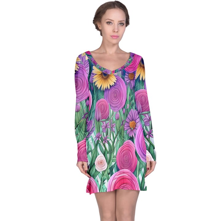 Charming Watercolor Flowers Long Sleeve Nightdress