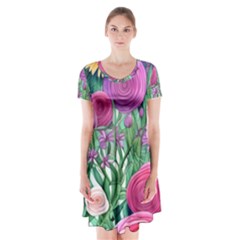 Charming Watercolor Flowers Short Sleeve V-neck Flare Dress by GardenOfOphir