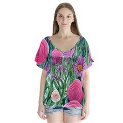 Charming Watercolor Flowers V-neck Flutter Sleeve Top by GardenOfOphir