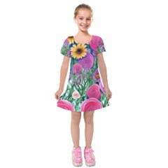 Charming Watercolor Flowers Kids  Short Sleeve Velvet Dress by GardenOfOphir