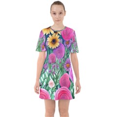 Charming Watercolor Flowers Sixties Short Sleeve Mini Dress by GardenOfOphir