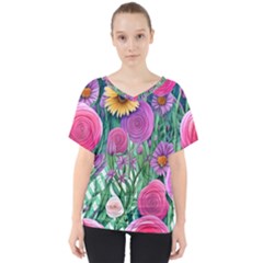 Charming Watercolor Flowers V-neck Dolman Drape Top by GardenOfOphir