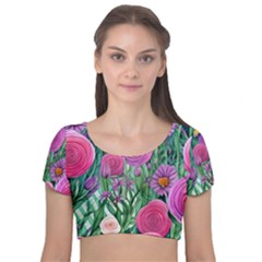 Charming Watercolor Flowers Velvet Short Sleeve Crop Top  by GardenOfOphir