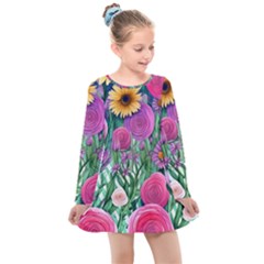 Charming Watercolor Flowers Kids  Long Sleeve Dress by GardenOfOphir