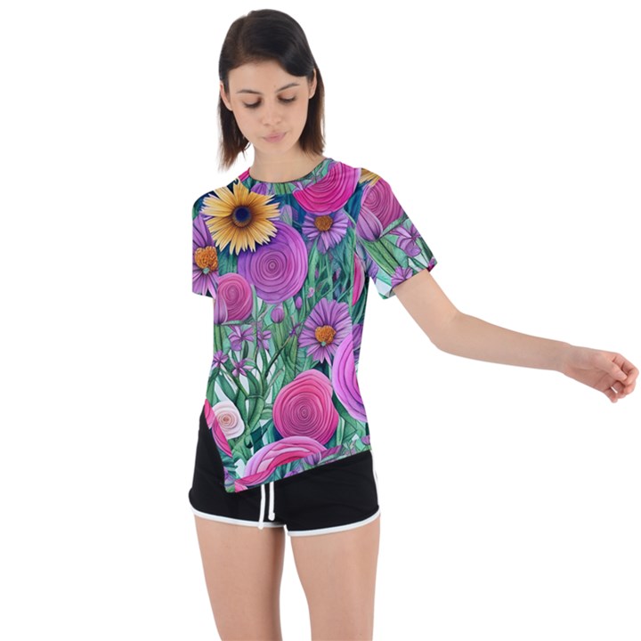 Charming Watercolor Flowers Asymmetrical Short Sleeve Sports Tee