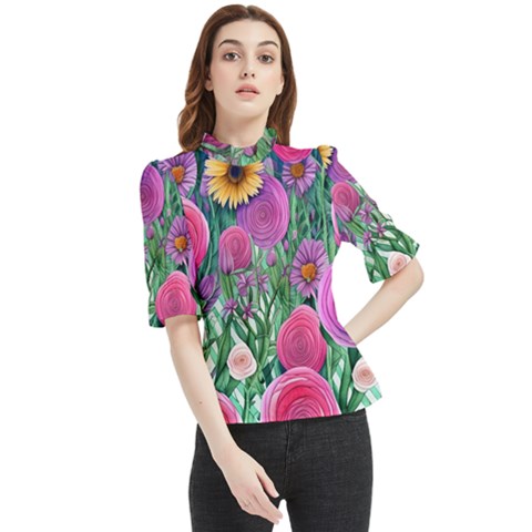 Charming Watercolor Flowers Frill Neck Blouse by GardenOfOphir