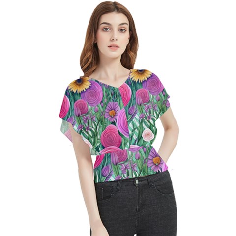 Charming Watercolor Flowers Butterfly Chiffon Blouse by GardenOfOphir