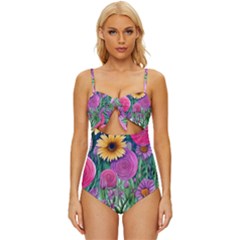 Charming Watercolor Flowers Knot Front One-piece Swimsuit by GardenOfOphir