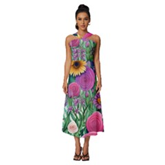 Charming Watercolor Flowers Sleeveless Cross Front Cocktail Midi Chiffon Dress