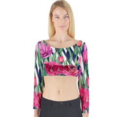 Classy Botanicals – Watercolor Flowers Botanical Long Sleeve Crop Top by GardenOfOphir