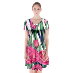 Classy Botanicals – Watercolor Flowers Botanical Short Sleeve V-neck Flare Dress by GardenOfOphir