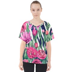 Classy Botanicals – Watercolor Flowers Botanical V-neck Dolman Drape Top by GardenOfOphir