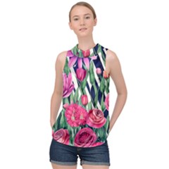 Classy Botanicals – Watercolor Flowers Botanical High Neck Satin Top by GardenOfOphir