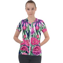 Classy Botanicals – Watercolor Flowers Botanical Short Sleeve Zip Up Jacket by GardenOfOphir