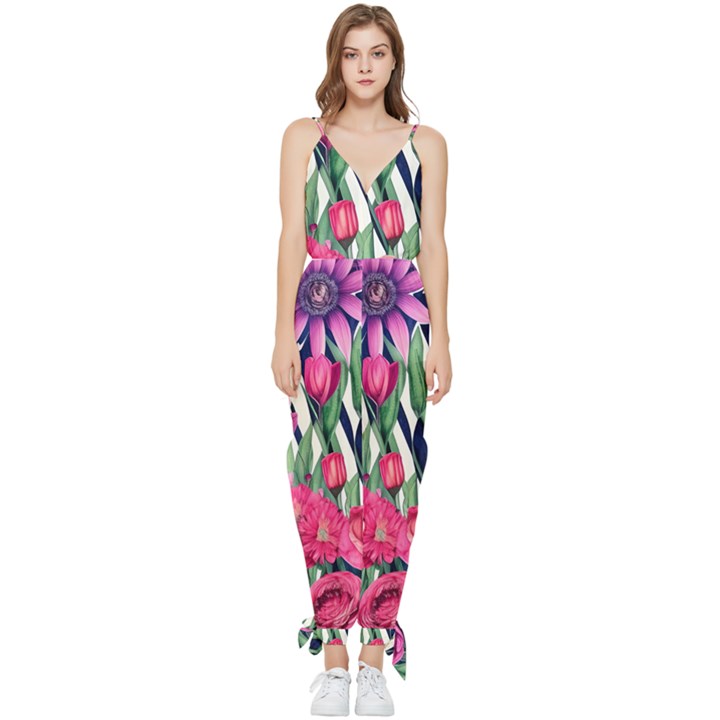 Classy Botanicals – Watercolor Flowers Botanical Sleeveless Tie Ankle Chiffon Jumpsuit