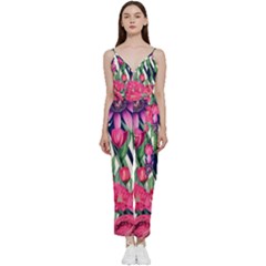 Classy Botanicals – Watercolor Flowers Botanical V-neck Spaghetti Strap Tie Front Jumpsuit by GardenOfOphir