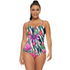 Classy Botanicals – Watercolor Flowers Botanical Retro Full Coverage Swimsuit by GardenOfOphir