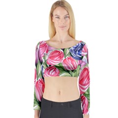 Charming Foliage – Watercolor Flowers Botanical Long Sleeve Crop Top by GardenOfOphir