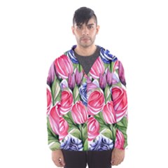 Charming Foliage – Watercolor Flowers Botanical Men s Hooded Windbreaker by GardenOfOphir