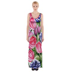 Charming Foliage – Watercolor Flowers Botanical Thigh Split Maxi Dress by GardenOfOphir