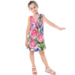 Charming Foliage – Watercolor Flowers Botanical Kids  Sleeveless Dress by GardenOfOphir