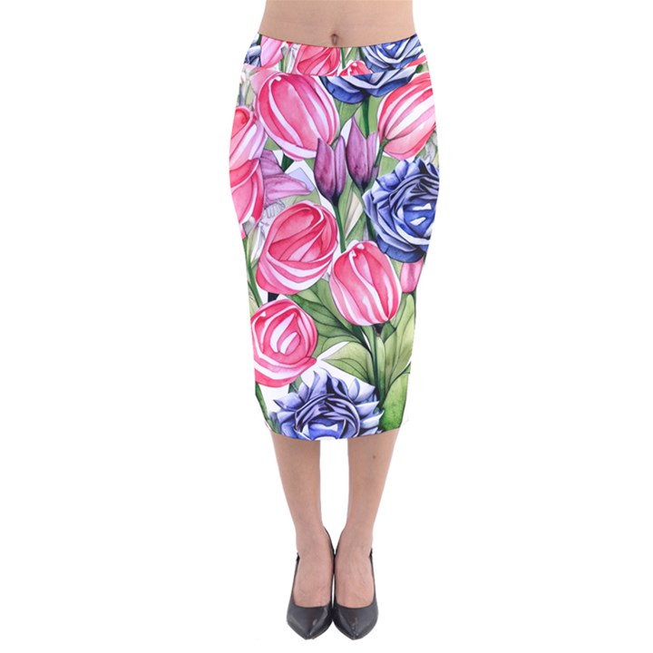 Charming Foliage – Watercolor Flowers Botanical Velvet Midi Pencil Skirt