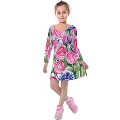 Charming Foliage – Watercolor Flowers Botanical Kids  Long Sleeve Velvet Dress by GardenOfOphir