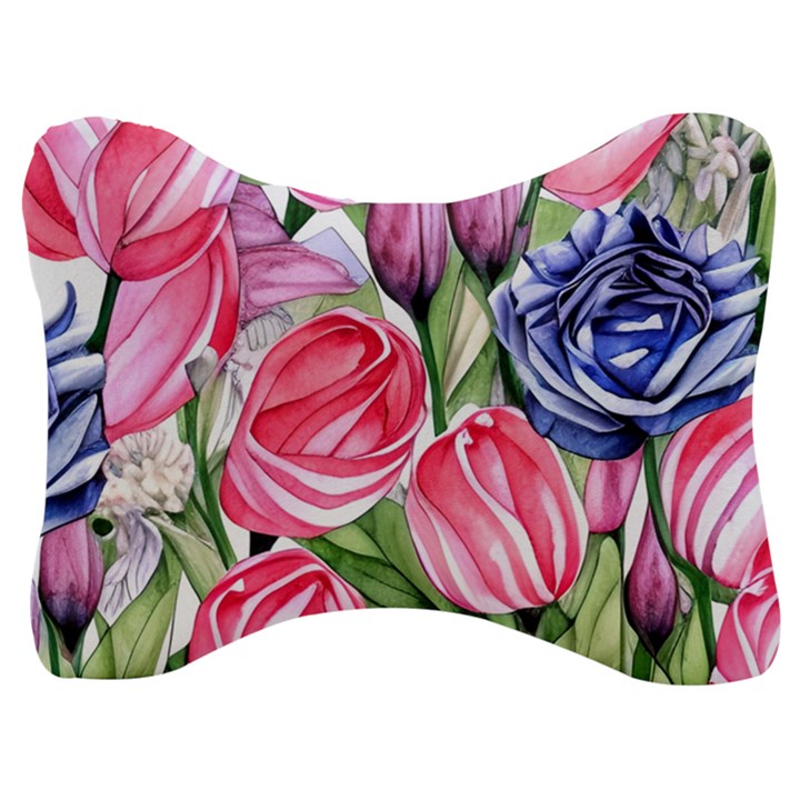 Charming Foliage – Watercolor Flowers Botanical Velour Seat Head Rest Cushion