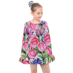 Charming Foliage – Watercolor Flowers Botanical Kids  Long Sleeve Dress by GardenOfOphir