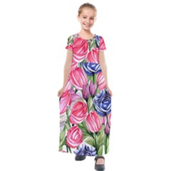 Charming Foliage – Watercolor Flowers Botanical Kids  Short Sleeve Maxi Dress by GardenOfOphir