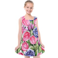 Charming Foliage – Watercolor Flowers Botanical Kids  Cross Back Dress by GardenOfOphir