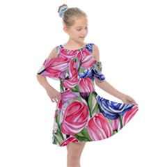 Charming Foliage – Watercolor Flowers Botanical Kids  Shoulder Cutout Chiffon Dress by GardenOfOphir