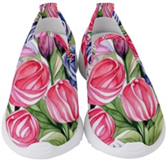 Charming Foliage – Watercolor Flowers Botanical Kids  Slip On Sneakers by GardenOfOphir