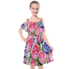 Charming Foliage – Watercolor Flowers Botanical Kids  Cut Out Shoulders Chiffon Dress by GardenOfOphir