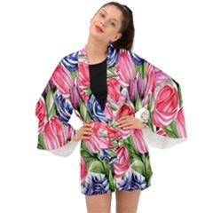 Charming Foliage – Watercolor Flowers Botanical Long Sleeve Kimono by GardenOfOphir