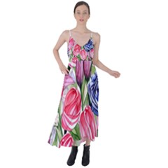 Charming Foliage – Watercolor Flowers Botanical Tie Back Maxi Dress