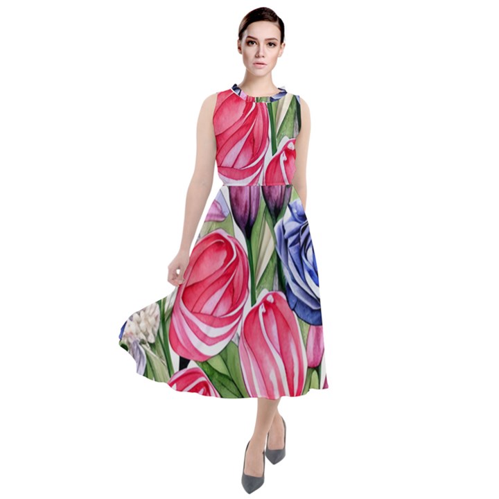 Charming Foliage – Watercolor Flowers Botanical Round Neck Boho Dress