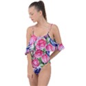 Charming Foliage – Watercolor Flowers Botanical Drape Piece Swimsuit View1