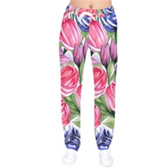 Charming Foliage – Watercolor Flowers Botanical Women Velvet Drawstring Pants by GardenOfOphir