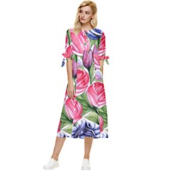 Charming Foliage – Watercolor Flowers Botanical Bow Sleeve Chiffon Midi Dress by GardenOfOphir