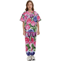 Charming Foliage – Watercolor Flowers Botanical Kids  Tee And Pants Sports Set