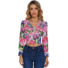 Charming Foliage – Watercolor Flowers Botanical Long Sleeve V-neck Top